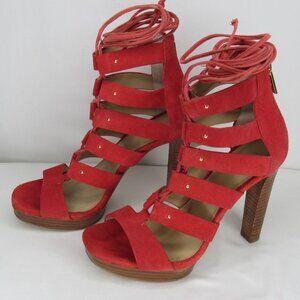 Micheal Kors Red Suede leather SOFIA Lace Up Gladiator Heel Sandal 4" Women's 7